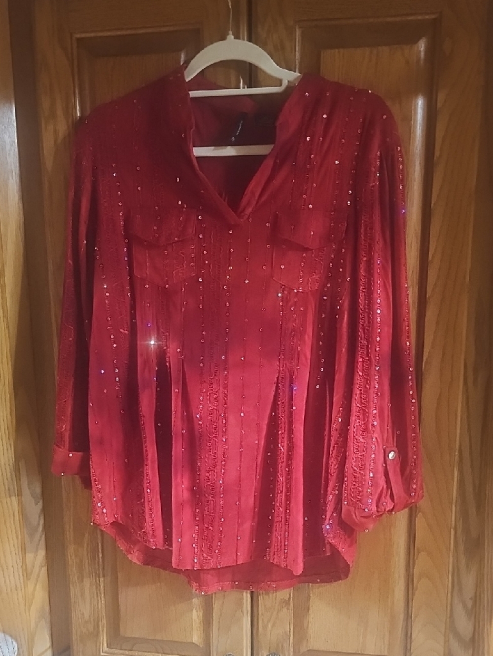 new directions Red Sequin V-Neck Long Sleeve Blouse